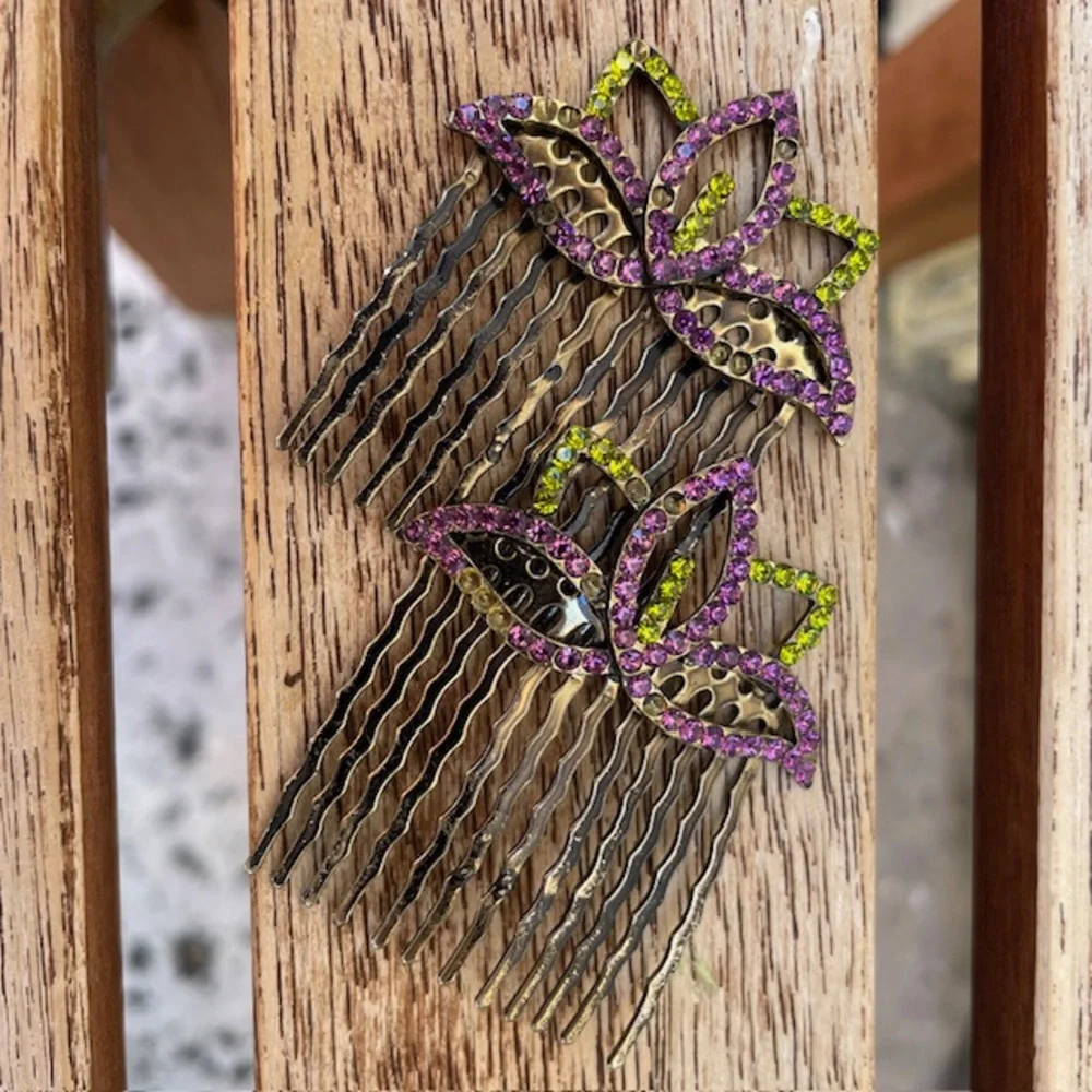 Purple & Green Rhinestone Decorative Metal Hair Combs